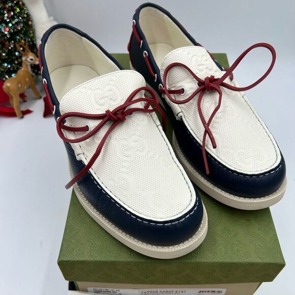 Men’s Gucc calf Leather GG embossed boat shoes size 12 made in Italy - Picture 1 of 9